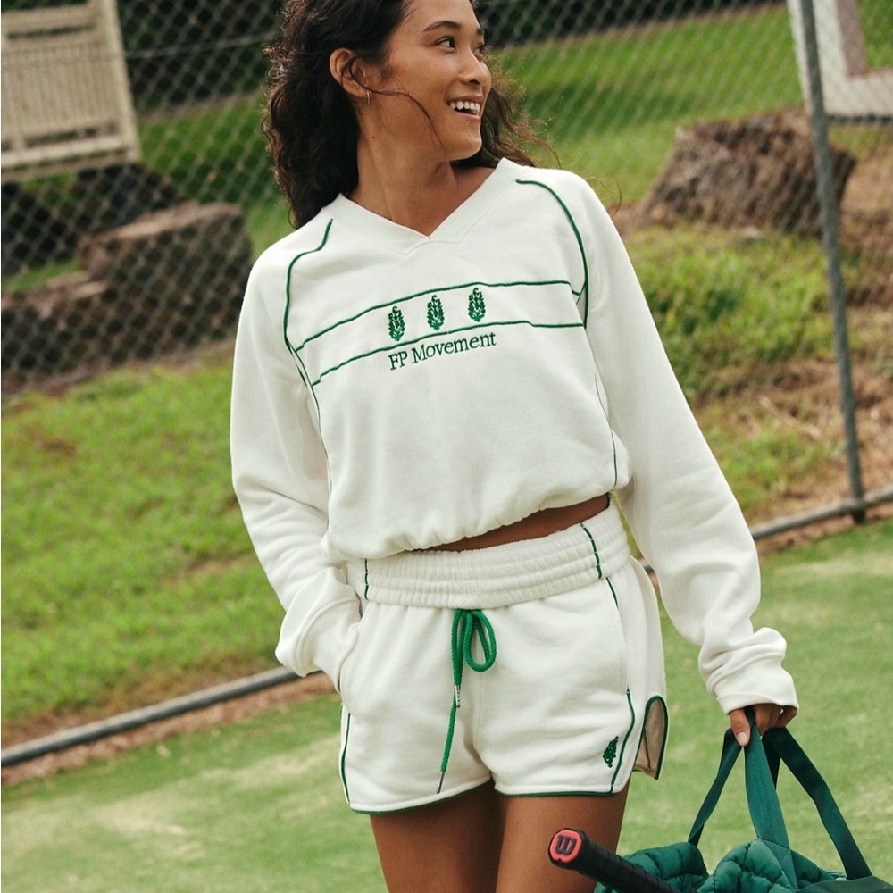 FP Movement by Free People White and Green Crew Neck Sweater